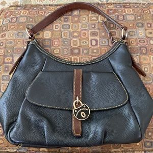 Dooney & Bourke Black Pebble Leather Shoulder Bag with Brown Leather Trim